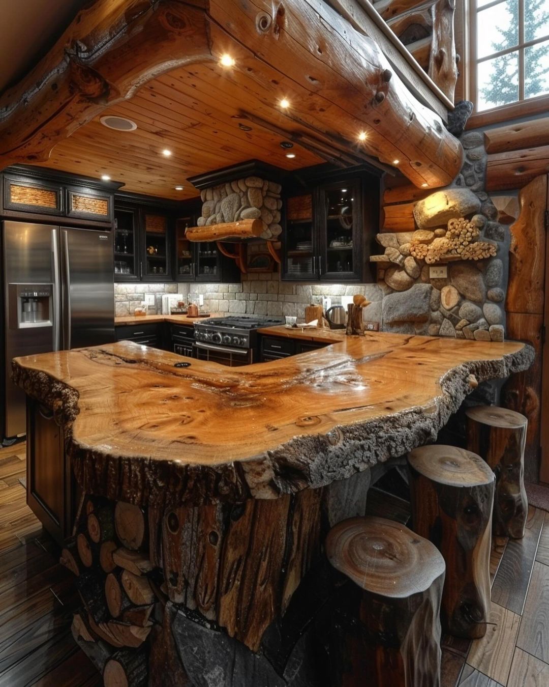 Rustic log cabin style kitchen featuring a natural wood slab countertop with a live edge, log barstools, and stone fireplace accents.