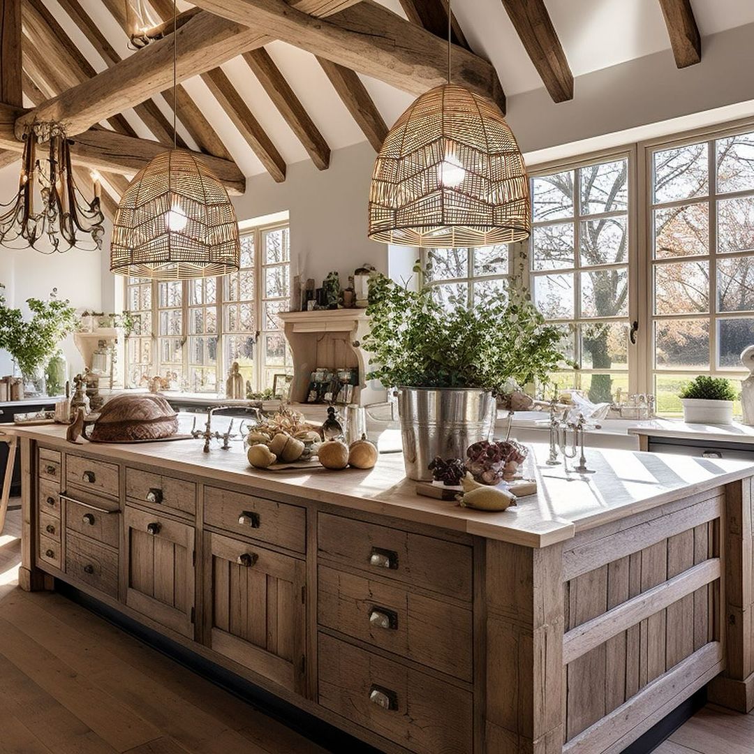 A rustic kitchen with exposed wooden beams and large windows 