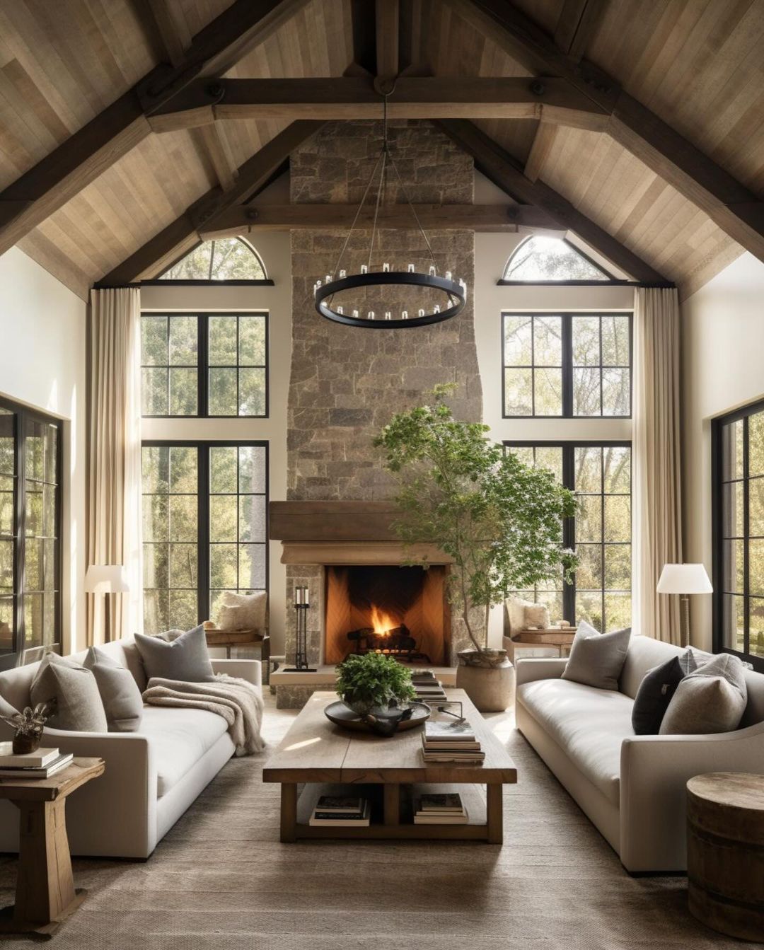 Cozy and stylish living room with high ceilings and a stone fireplace