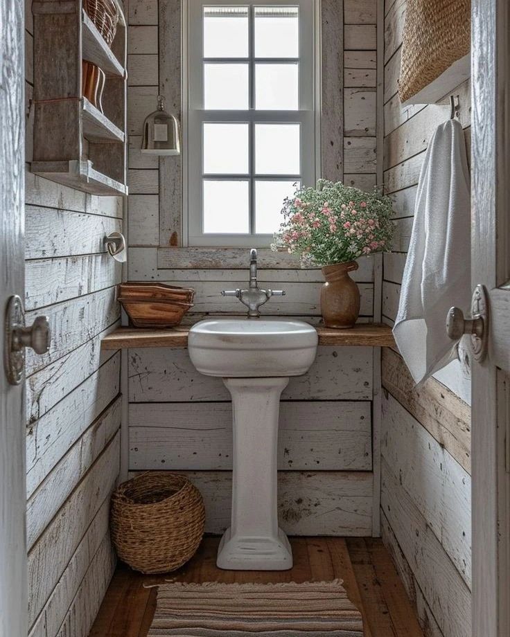 A rustic chic bathroom featuring whitewashed wood panels