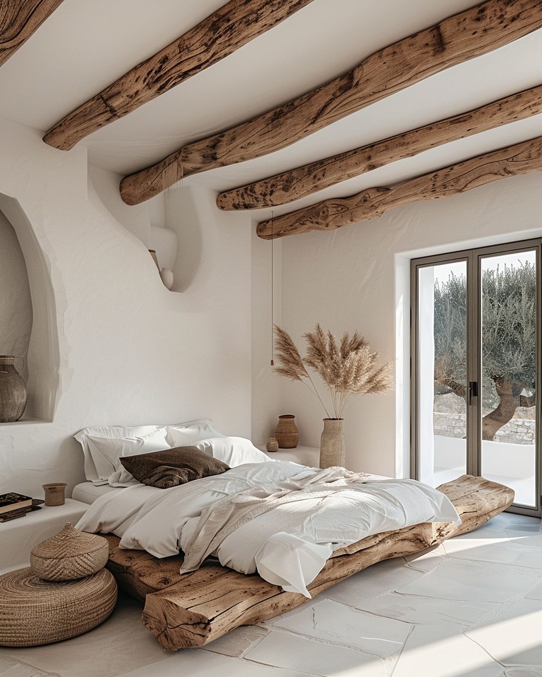 A rustic chic bedroom featuring exposed wooden beams and a bed frame made of raw timber logs