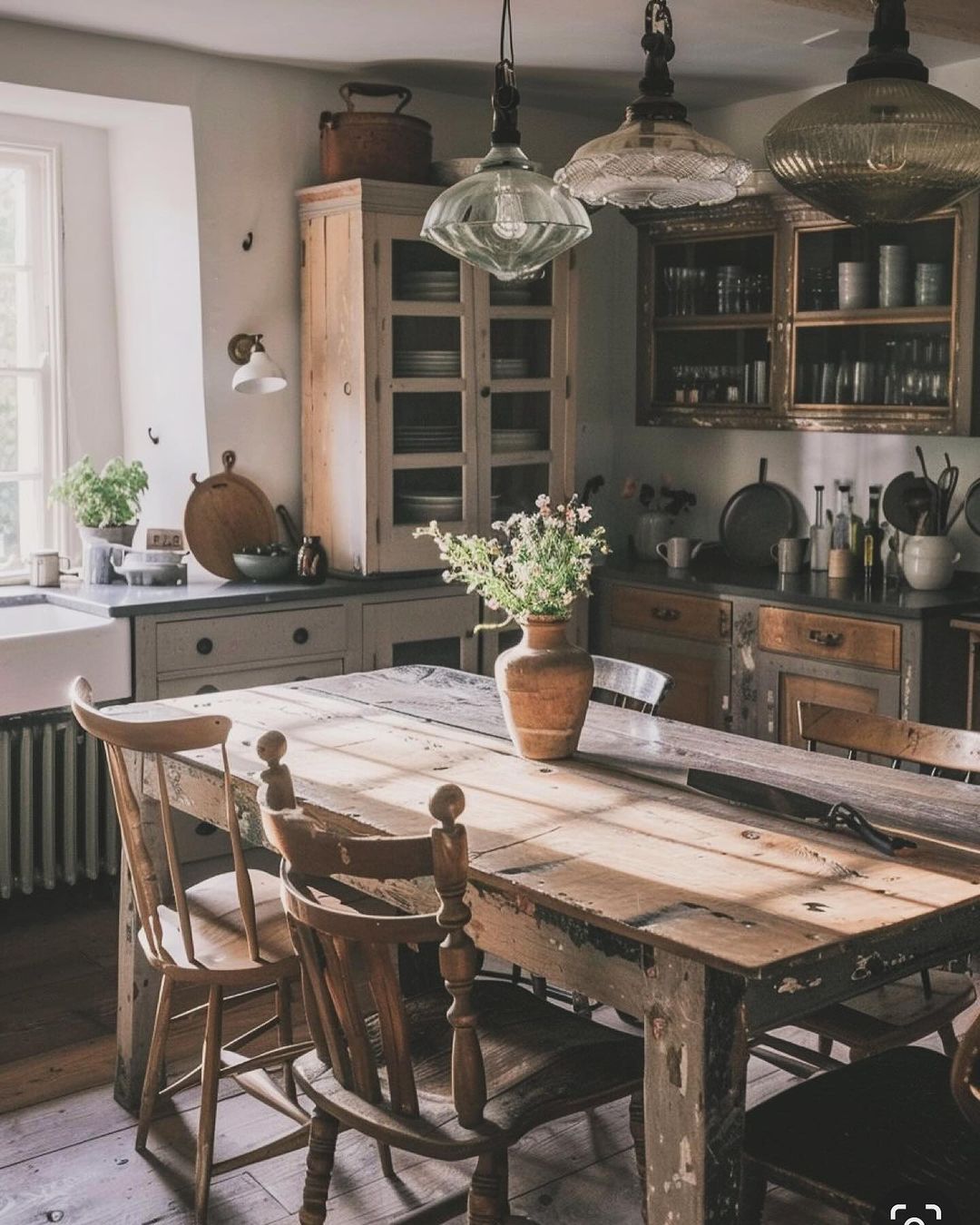 A cozy, vintage-inspired kitchen with wooden accents and subtle lighting