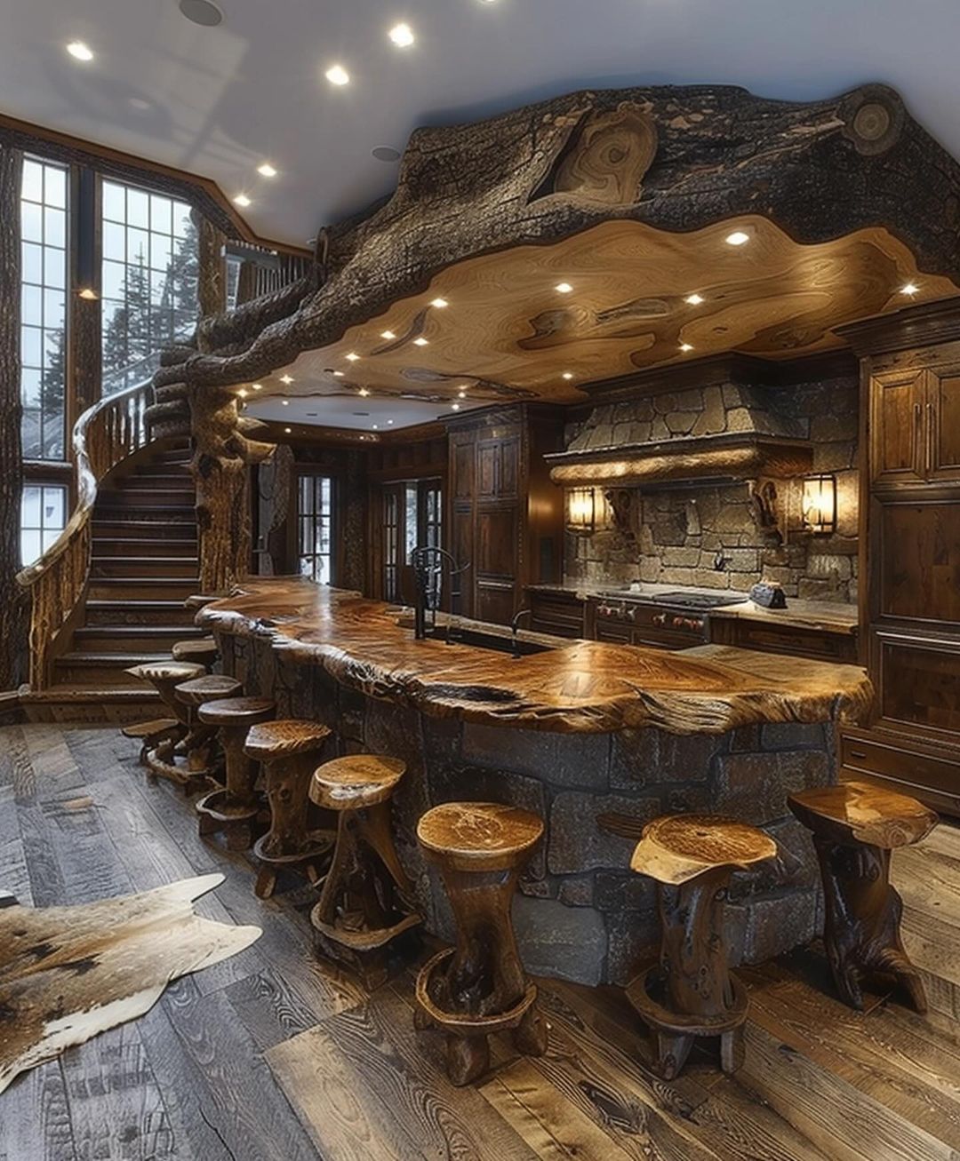 Rustic wooden kitchen and bar area with natural wood details