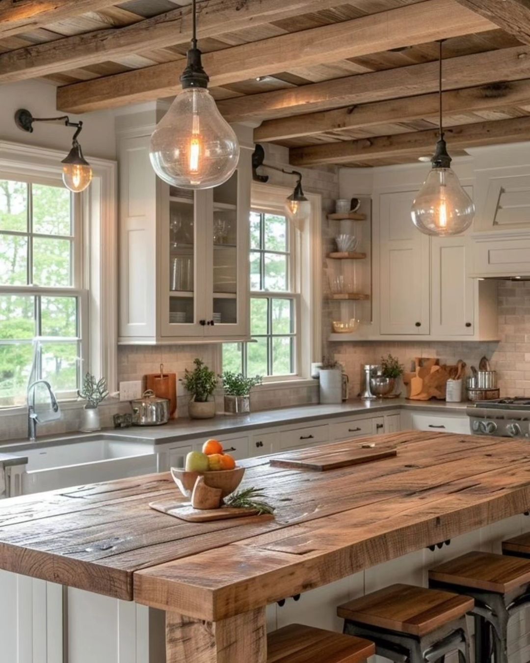 A rustic-inspired kitchen with wooden beams and a large island