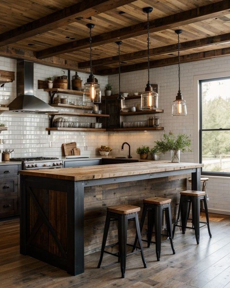 A cozy, rustic kitchen featuring wooden beams, floating shelves, and industrial accents