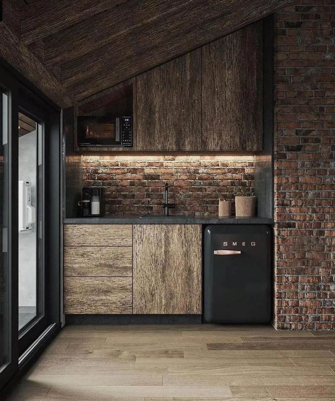 Rustic kitchen with exposed brick and wooden accents