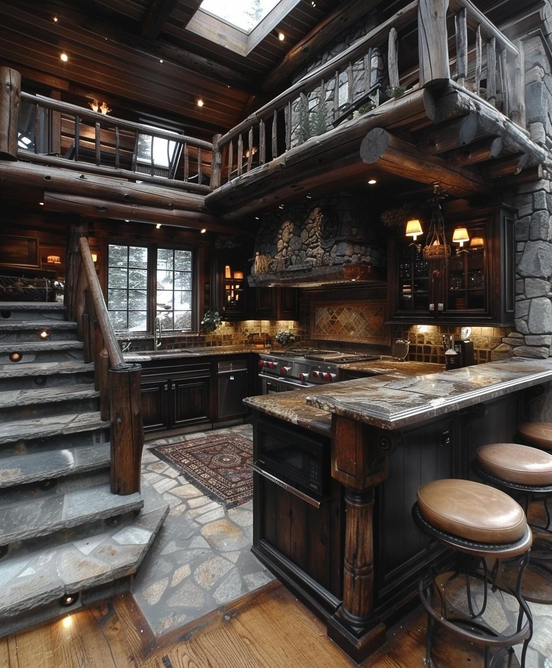 A cozy and rustic kitchen with a two-level island, showcasing wood and stone elements.