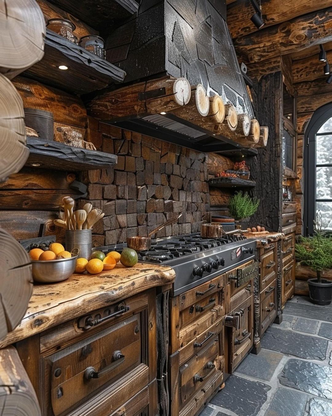 Rustic kitchen with wood and stone elements