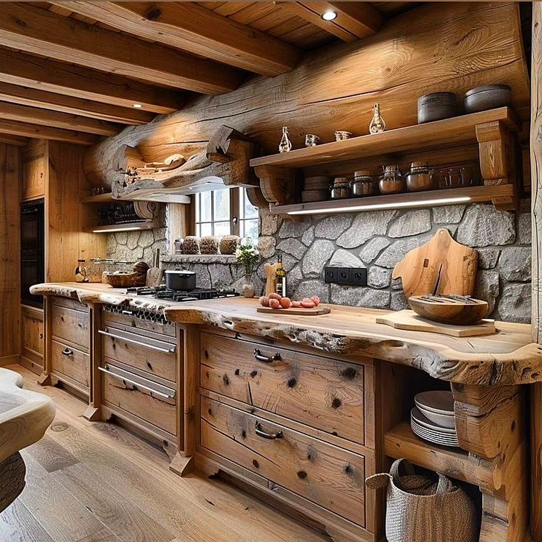 Rustic wooden kitchen with stone accents