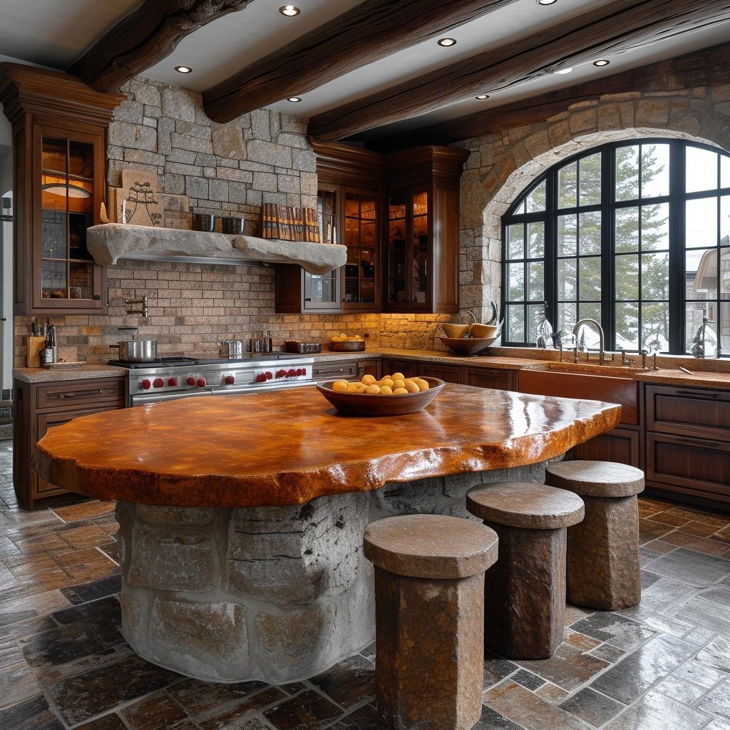 Rustic kitchen with stone and wood accents