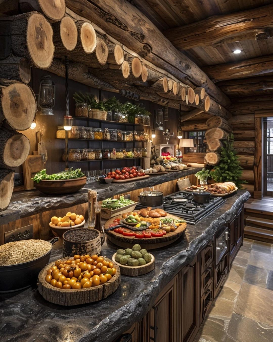 Rustic log cabin kitchen with an array of fresh ingredients and artisan foods.