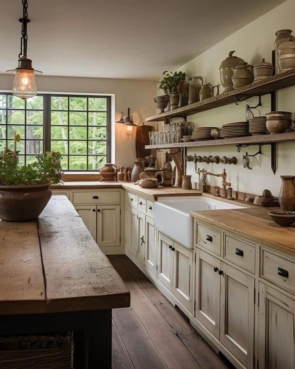 A rustic kitchen with open shelving and pottery