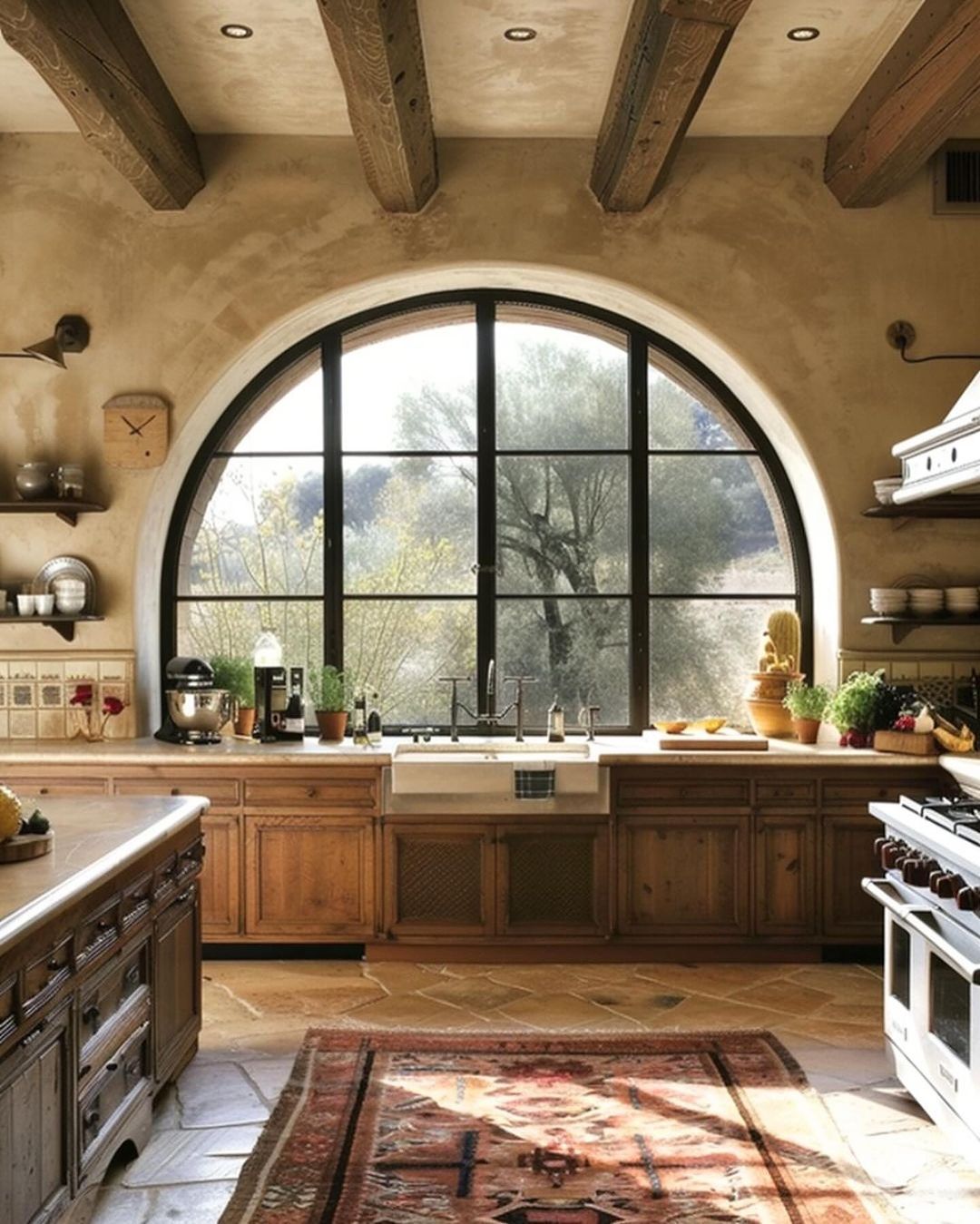 A rustic kitchen featuring an arched window with a scenic view