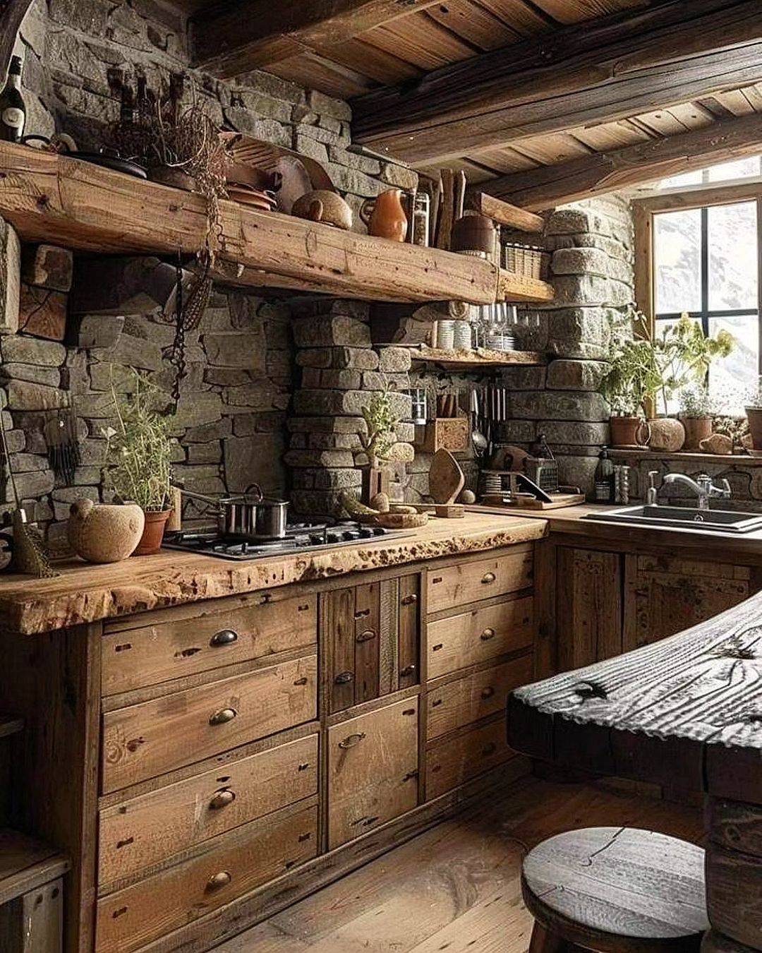 Rustic Kitchen with Stone and Wood Accents