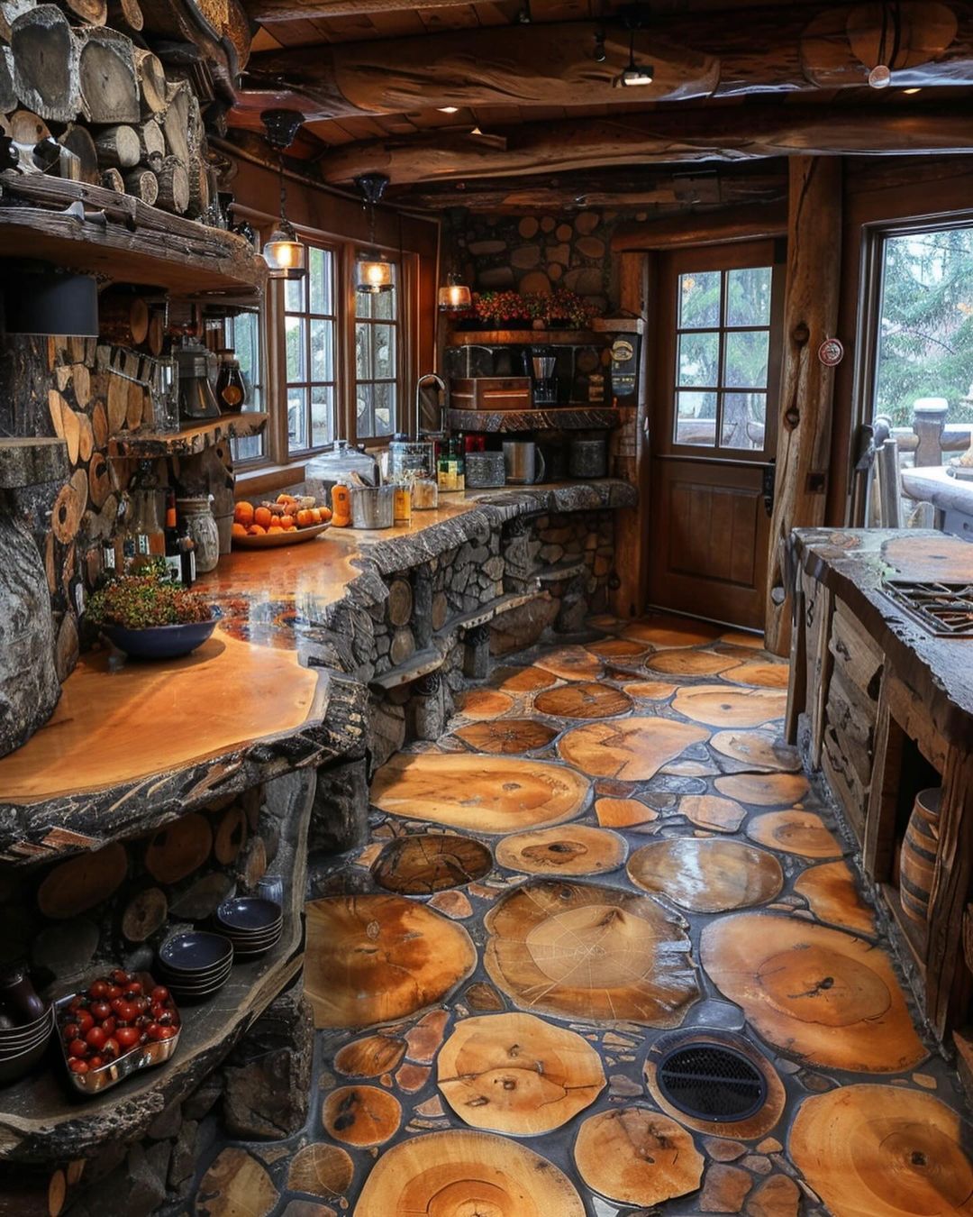 A cozy rustic kitchen with wood log walls and a unique polished cross-section tree trunk floor.