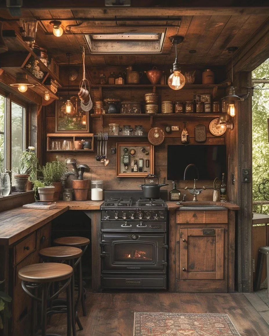 A snug and rustic kitchenette boasting a vintage-style range cooker, wooden cabinetry and exposed shelving filled with assorted kitchenware