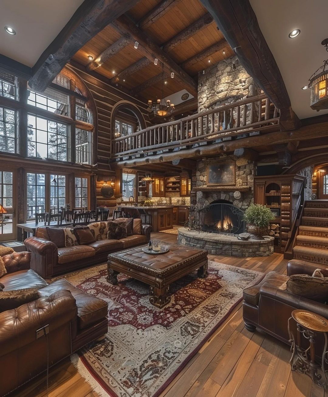 Cozy and lavish log cabin living room with towering windows and a grand stone fireplace