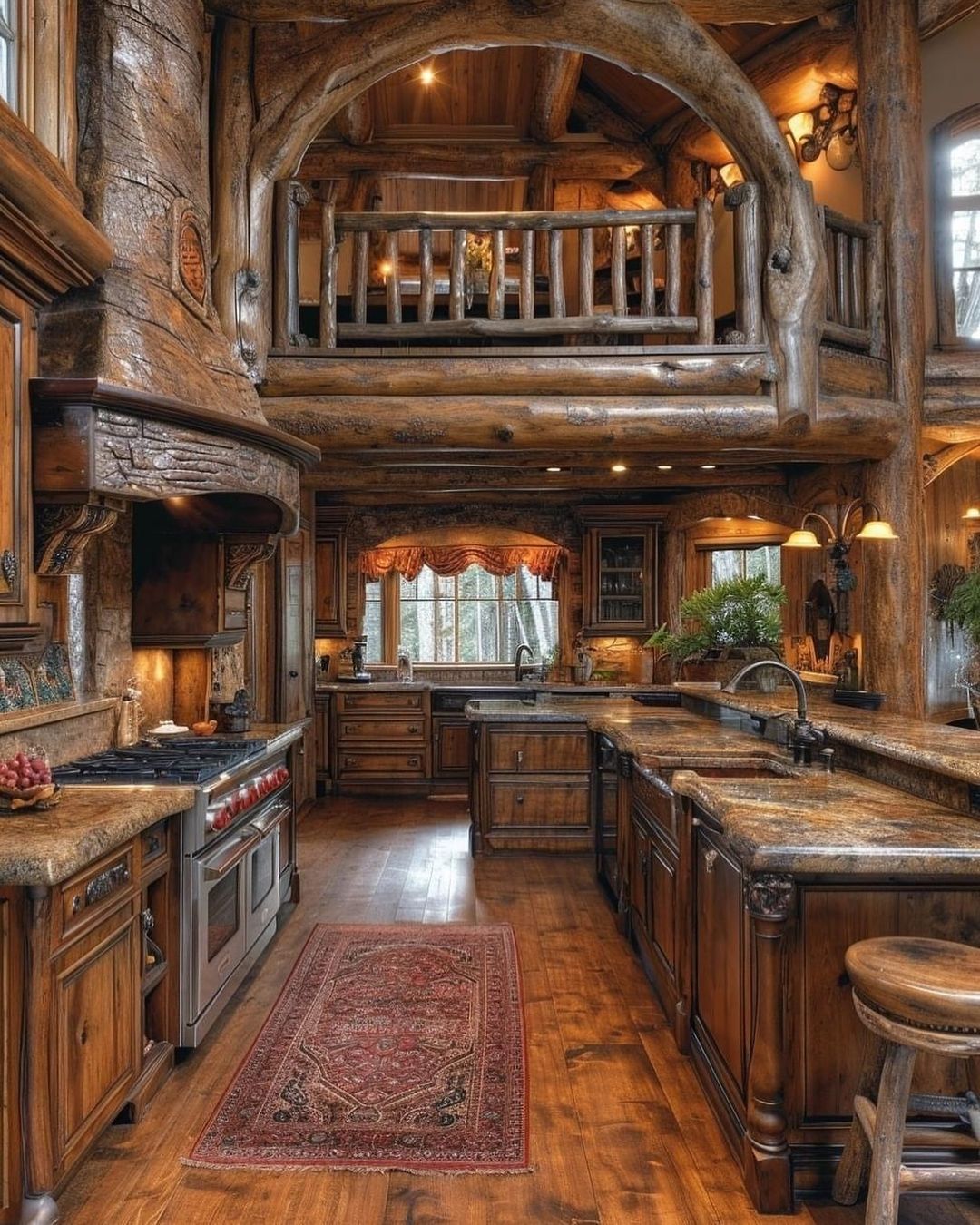 A rustic kitchen with magnificent log woodwork