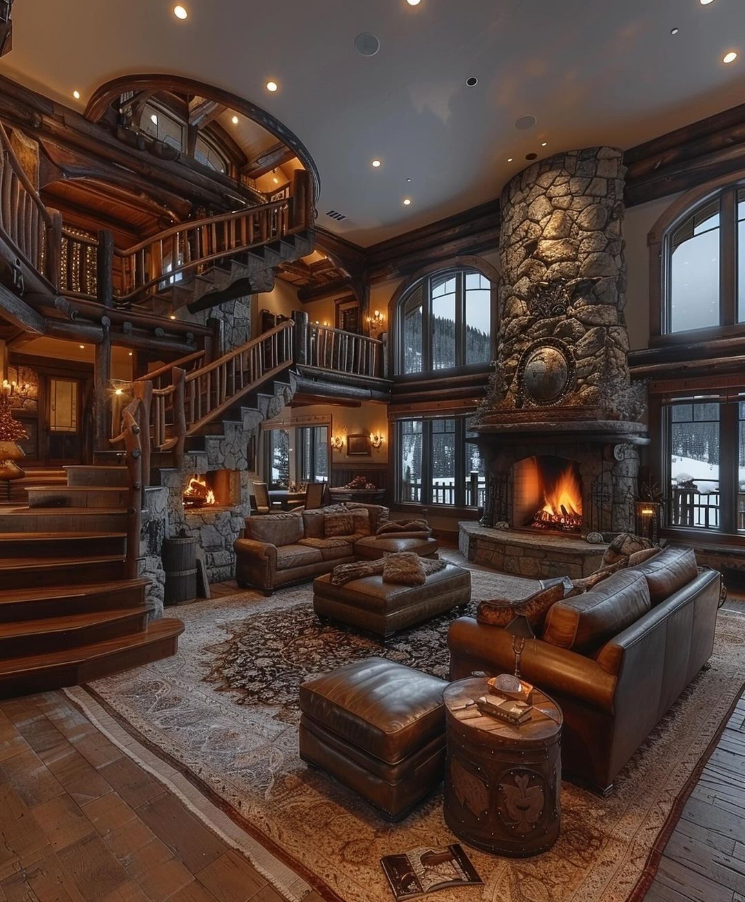 A rustic-inspired spacious living room featuring natural wood and stone elements, with plush leather furniture arranged around a grand stone fireplace.