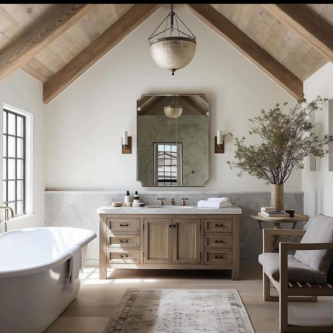 A rustic yet modern bathroom with exposed wooden beams