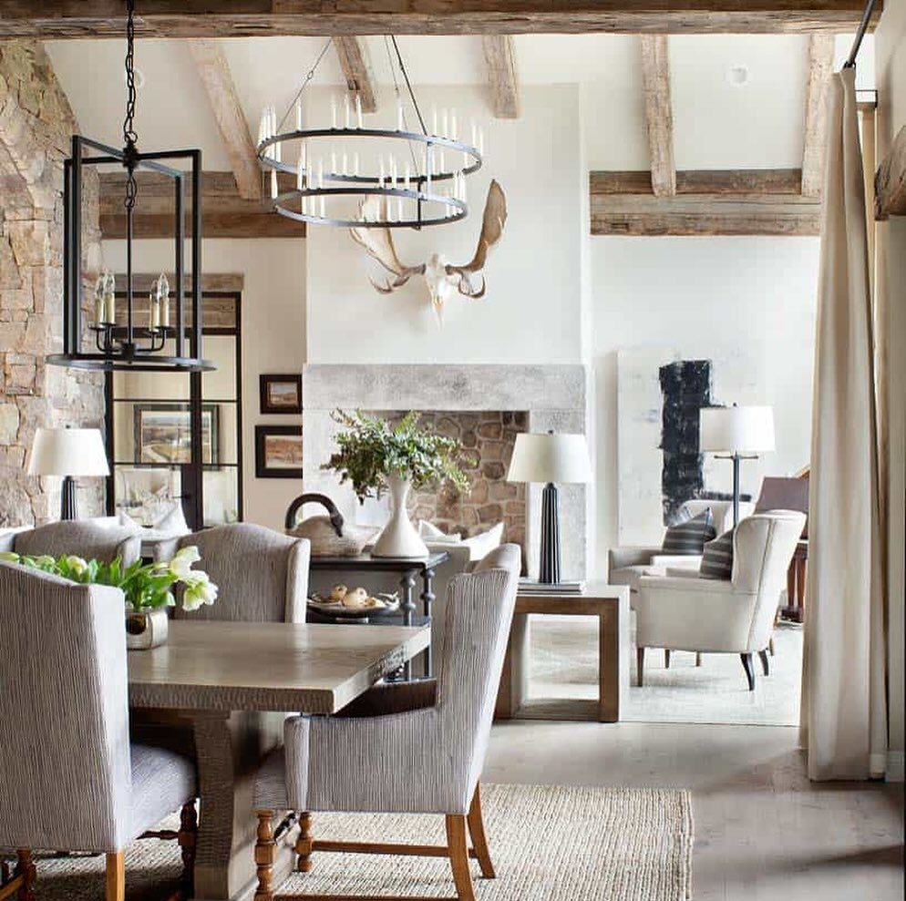 A harmonious blend of rustic and modern elements in a dining room setting