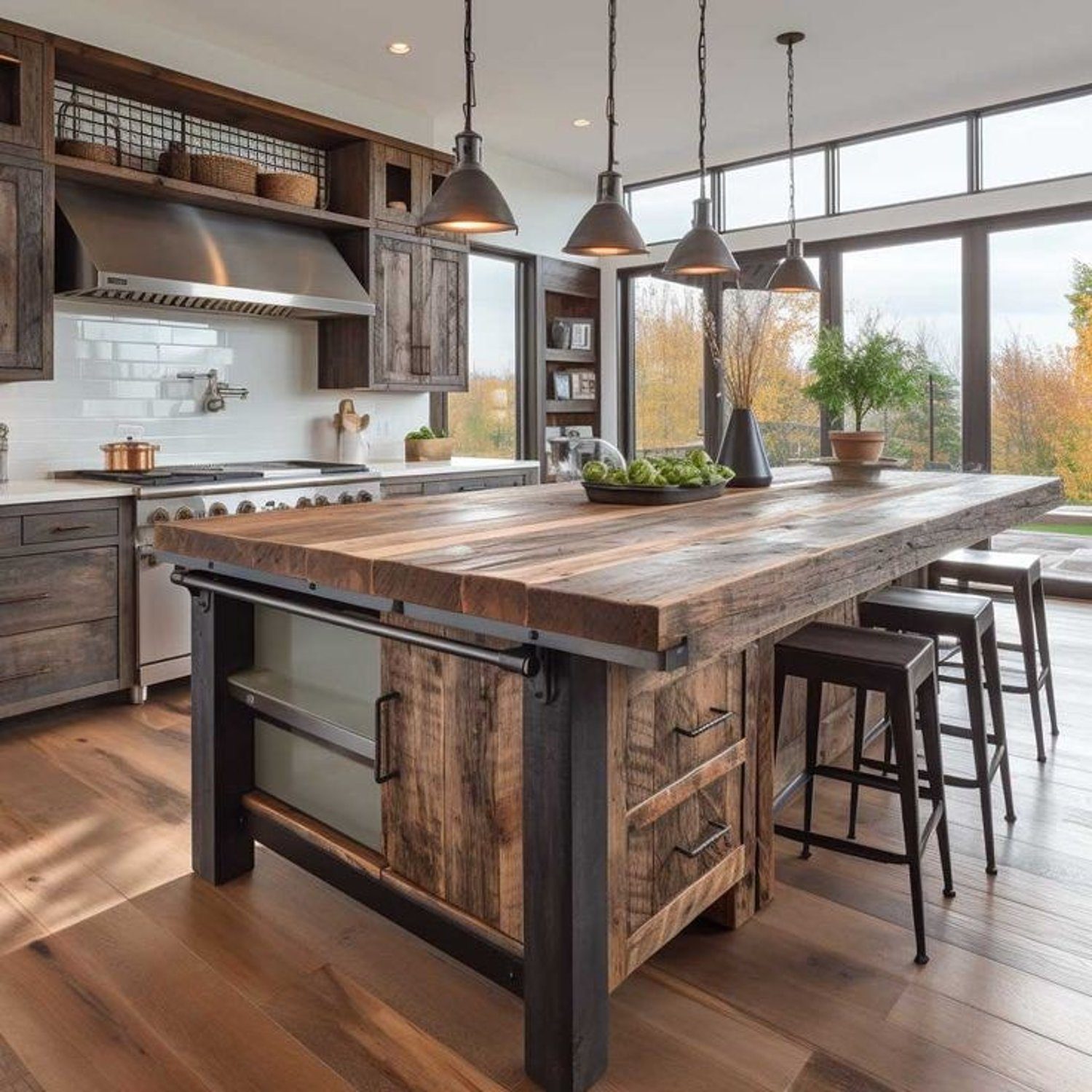 Rustic modern kitchen with large windows and wooden accents