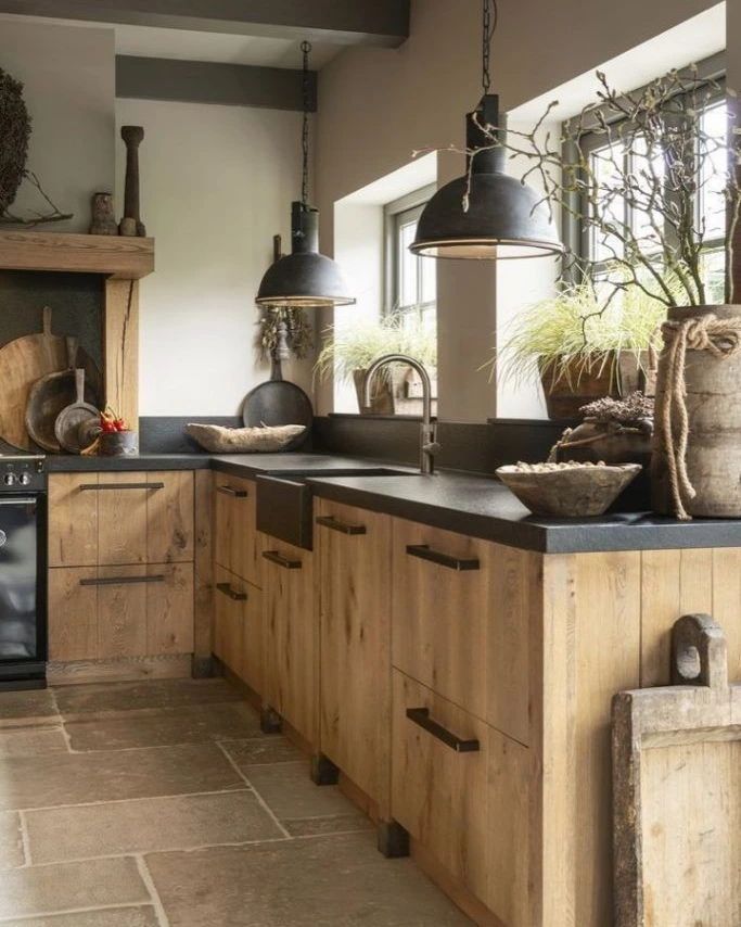 Rustic kitchen featuring natural wood cabinetry and modern fixtures