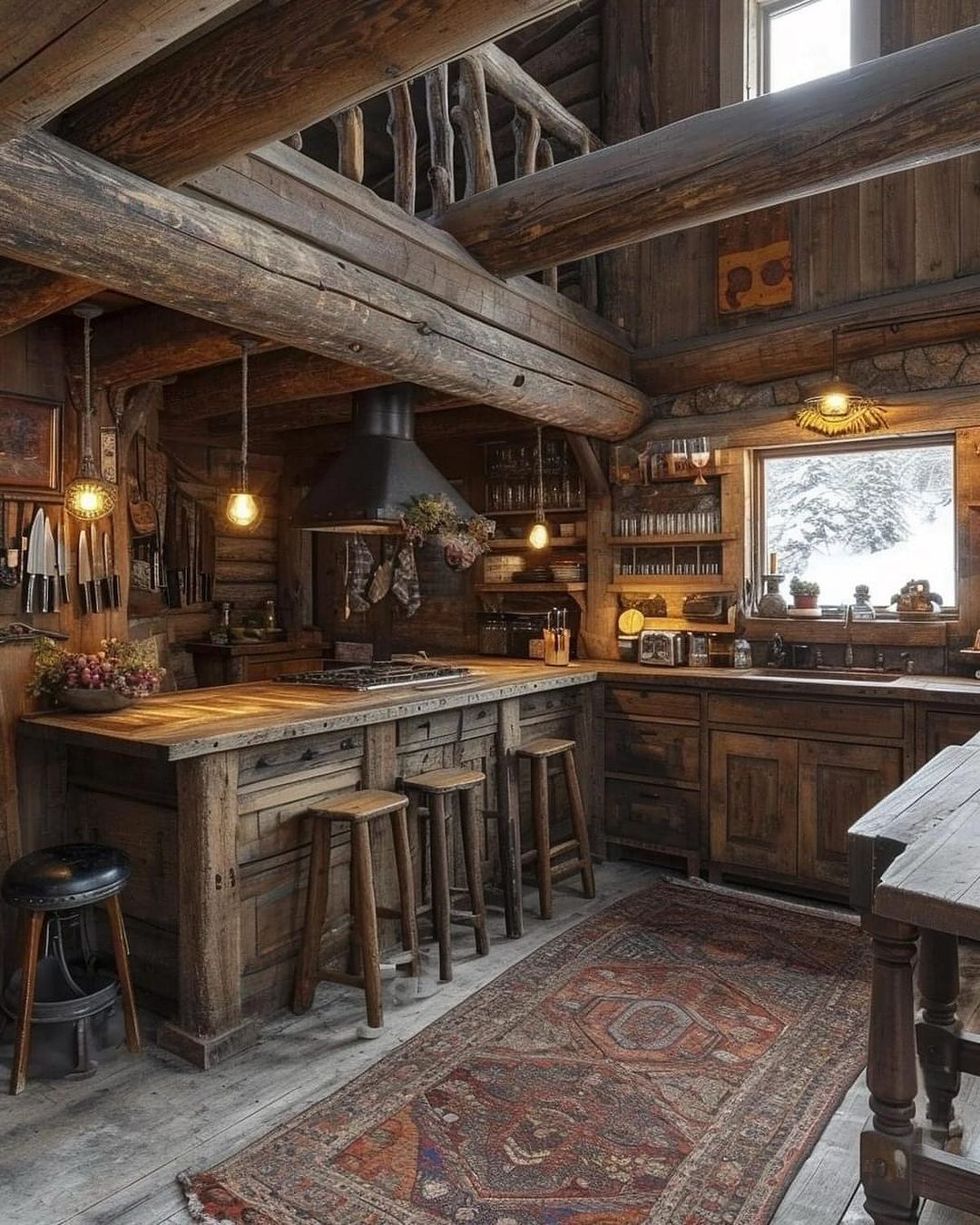 Cozy and rustic mountain kitchen with snow seen through the window