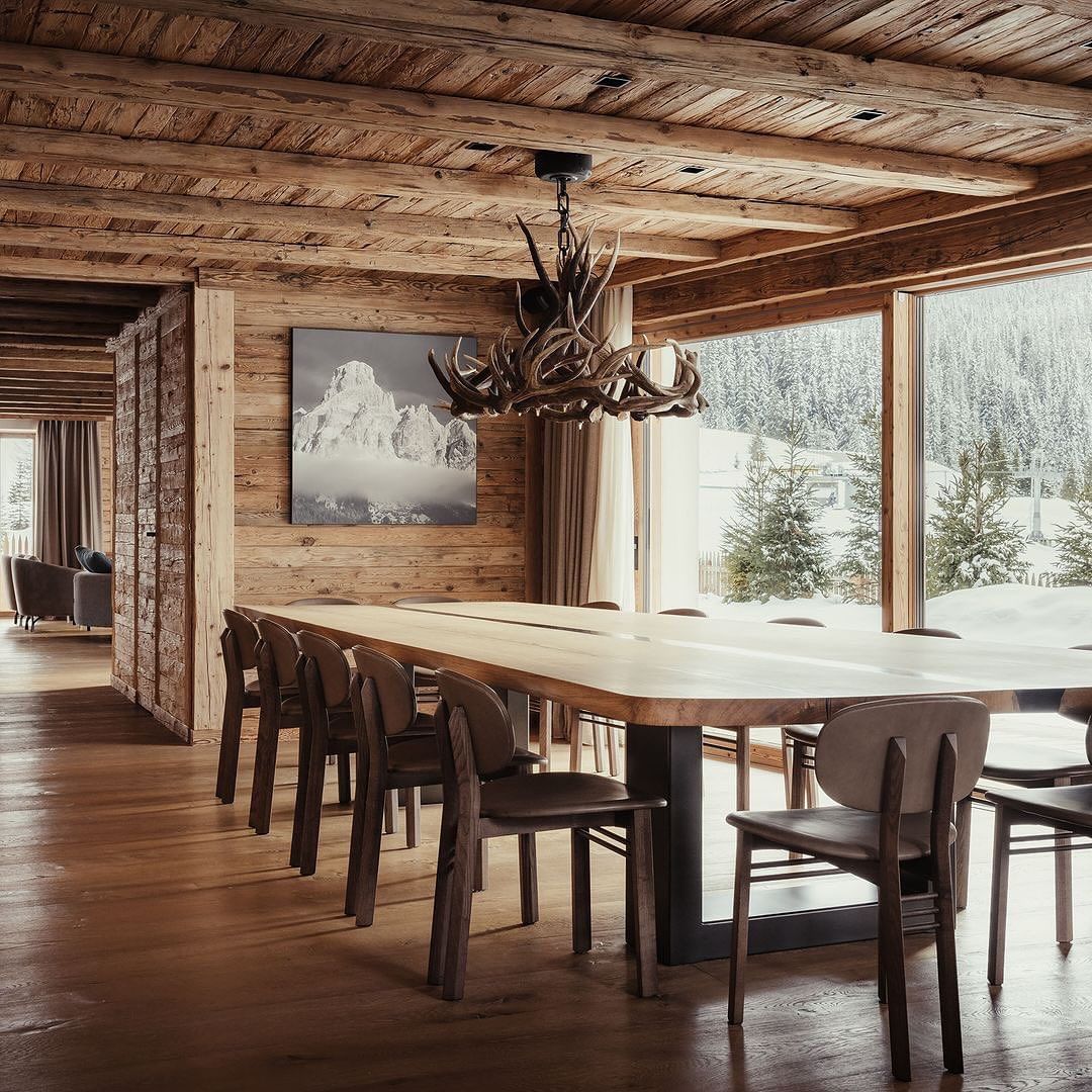 Rustic mountain style dining room with a stunning view