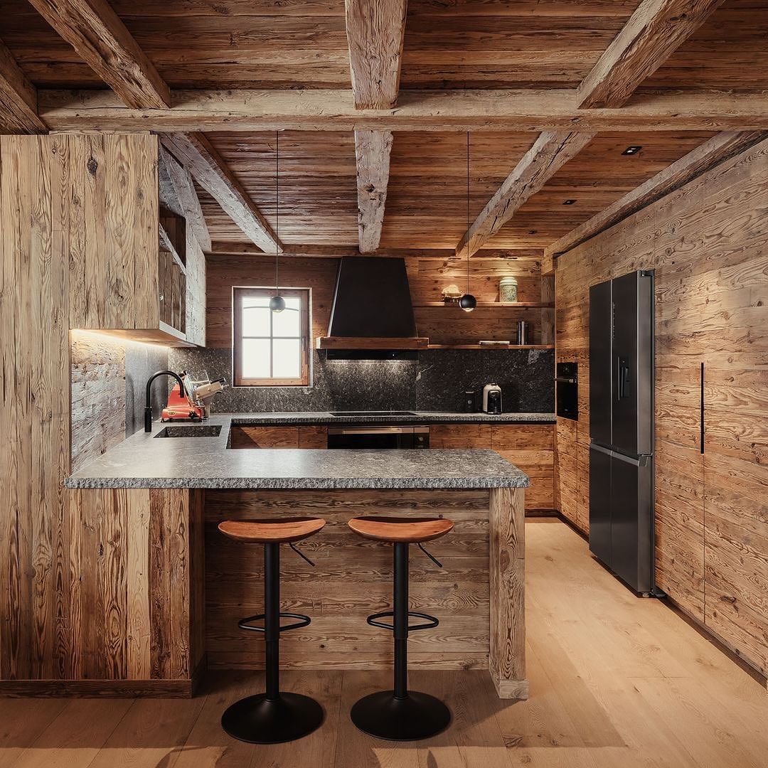 Rustic wooden kitchen with modern appliances