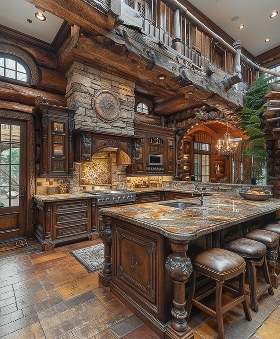 A rustic-inspired kitchen with an emphasis on natural wood and stone textures.