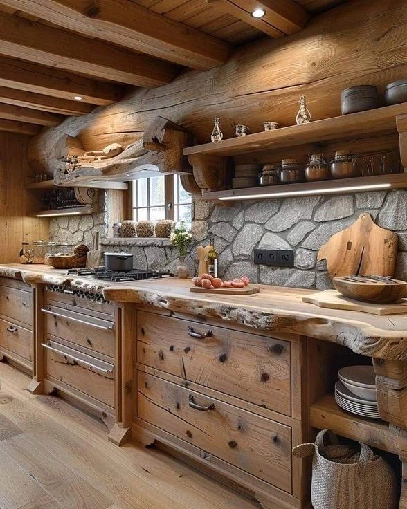 Rustic kitchen with natural wood cabinetry