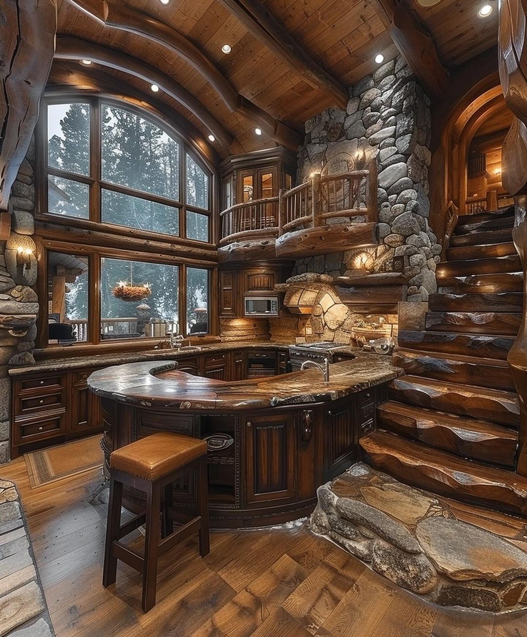 A cozy and rustic kitchen interior featuring wooden beams, a stone fireplace, and a curved bar counter