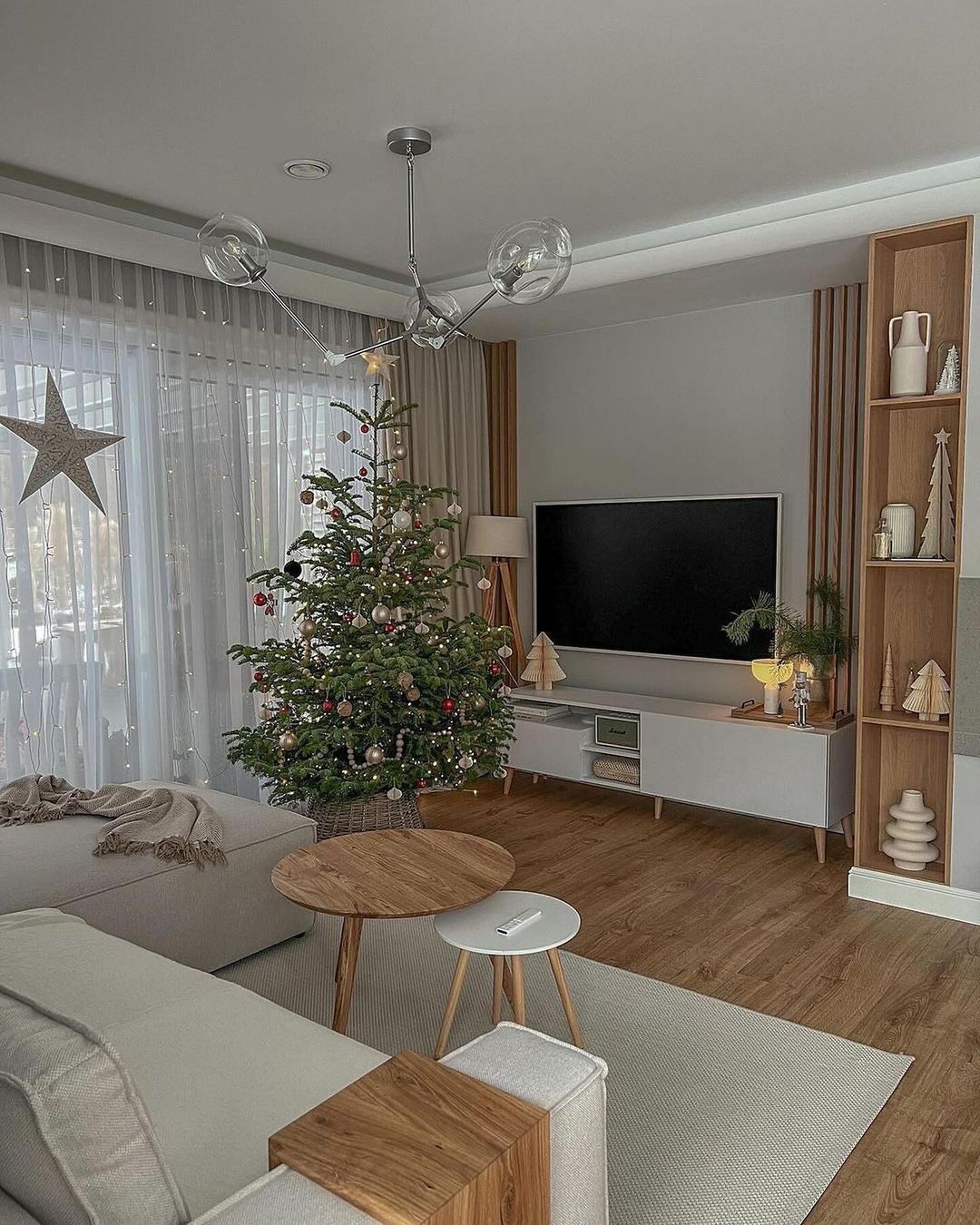 A tastefully decorated living room with a Christmas tree