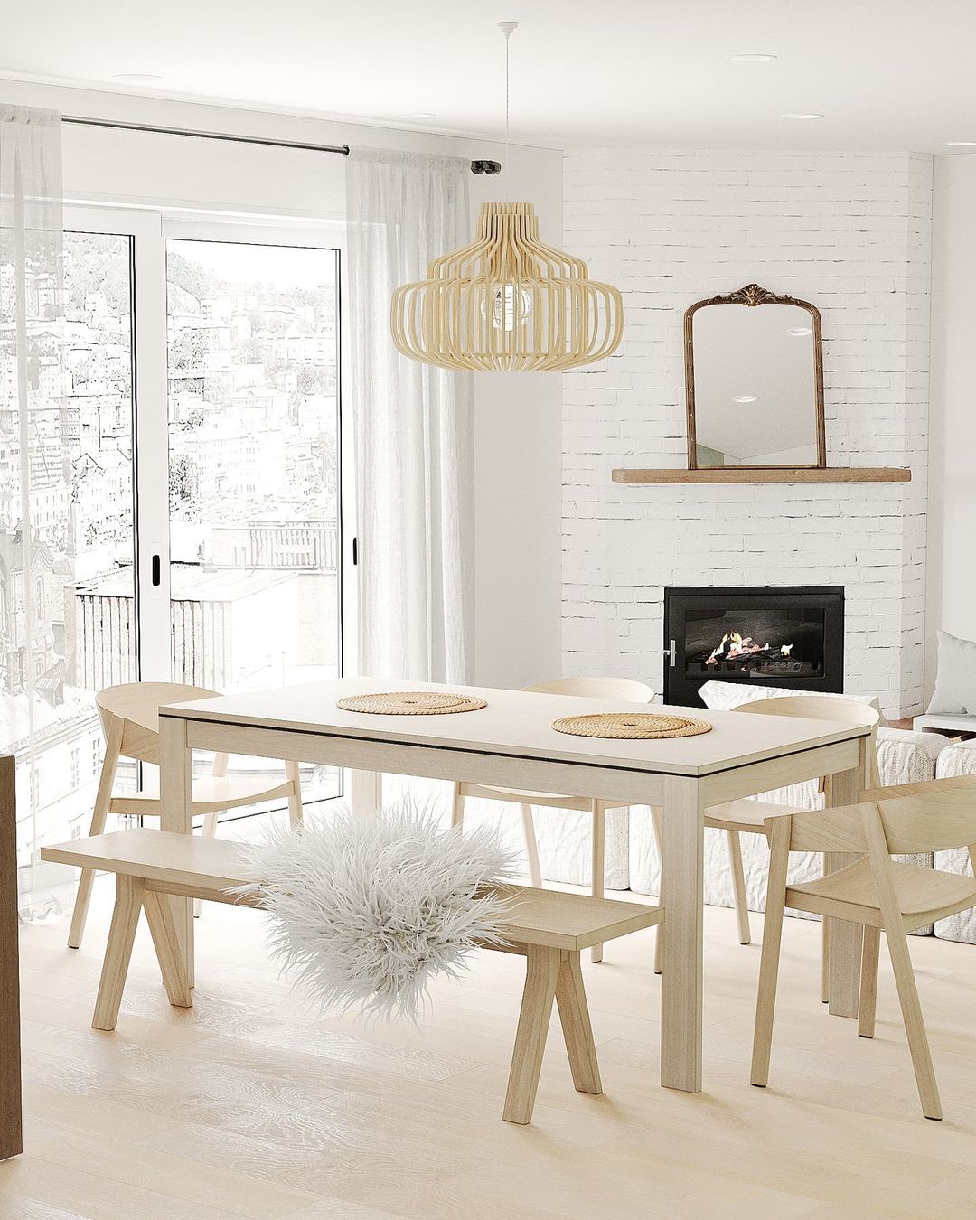 A modern Scandinavian-style dining room with minimalist decor