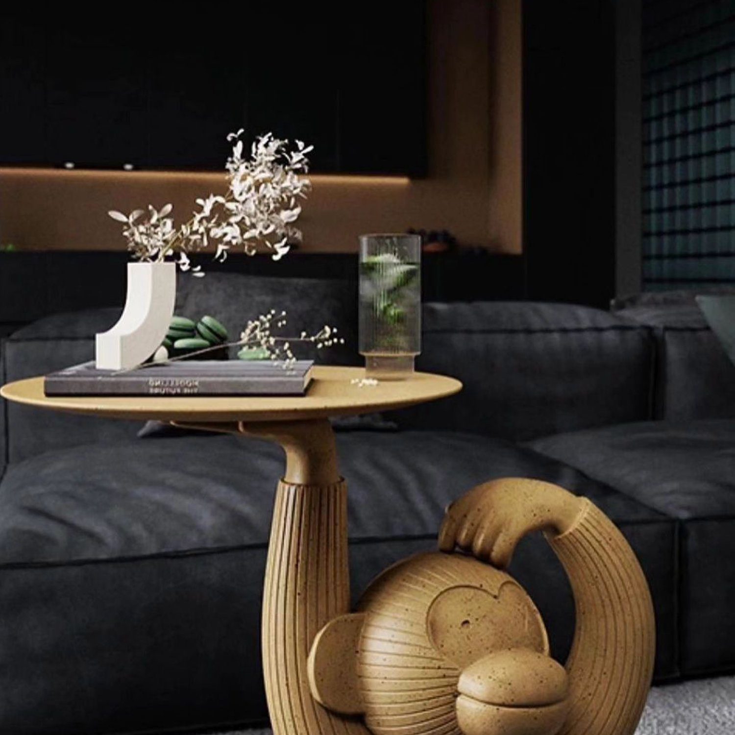 A unique coffee table with a sculptural base