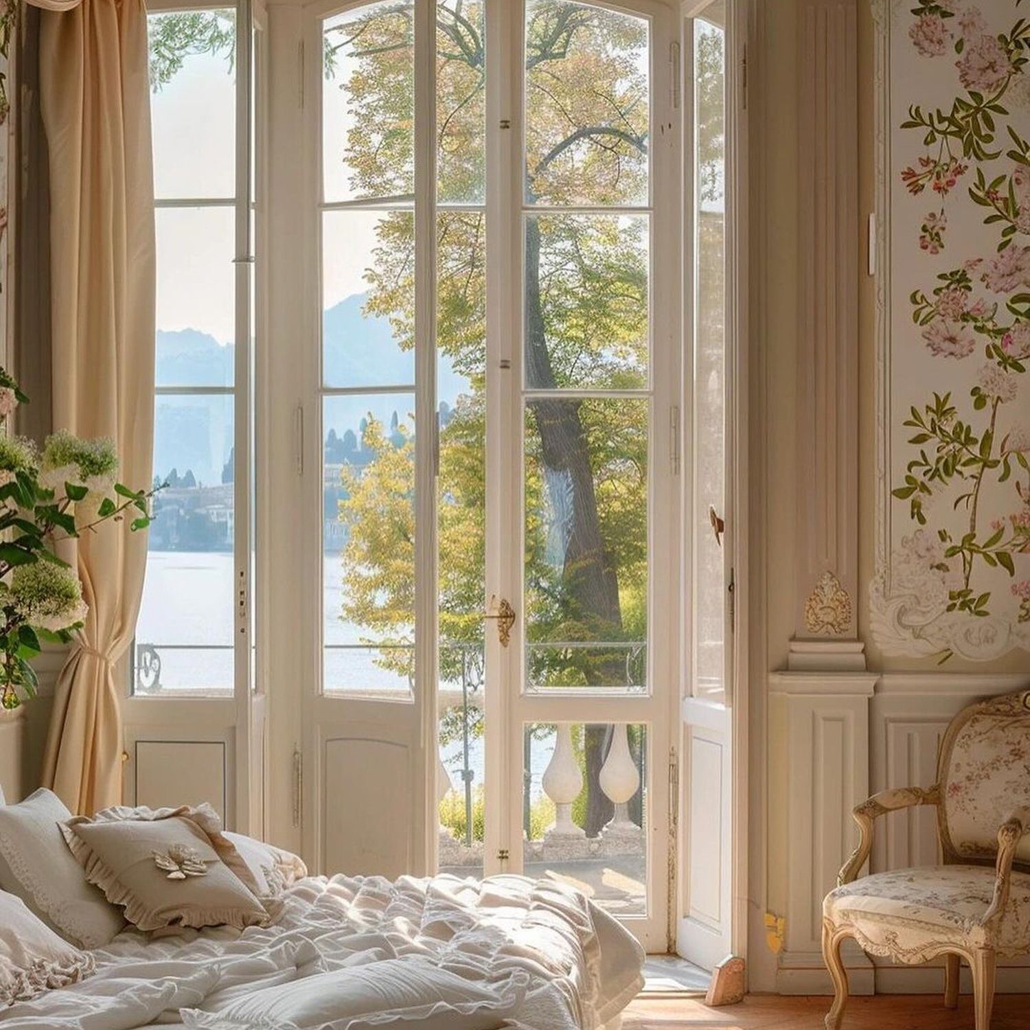 Elegant bedroom with a lake view