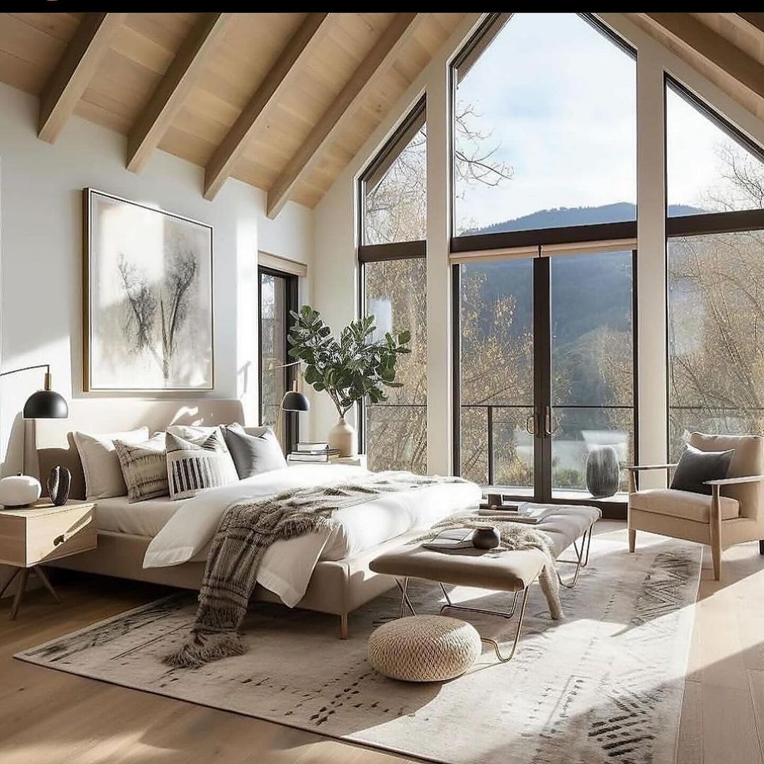 A serene and modern bedroom with floor-to-ceiling windows offering a breathtaking view