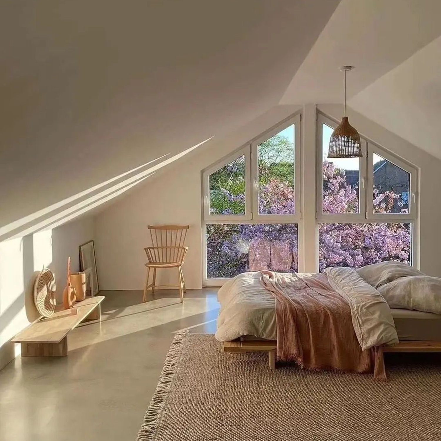 A serene attic bedroom with ample natural light