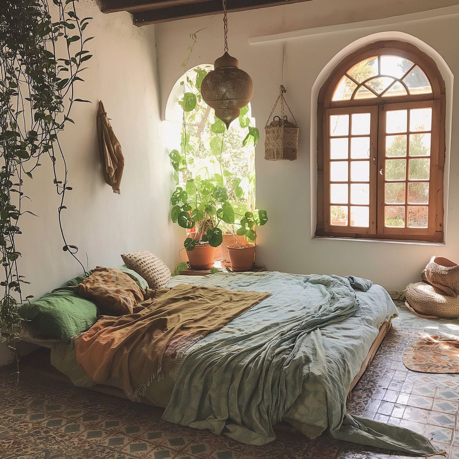 A serene bedroom with ample natural light and greenery