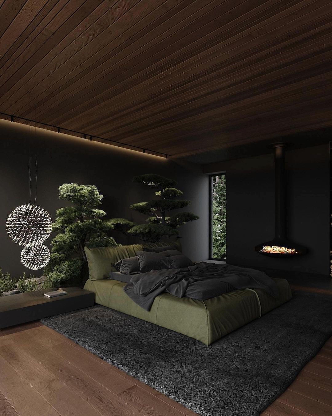 A serene bedroom featuring bonsai trees and a modern fireplace