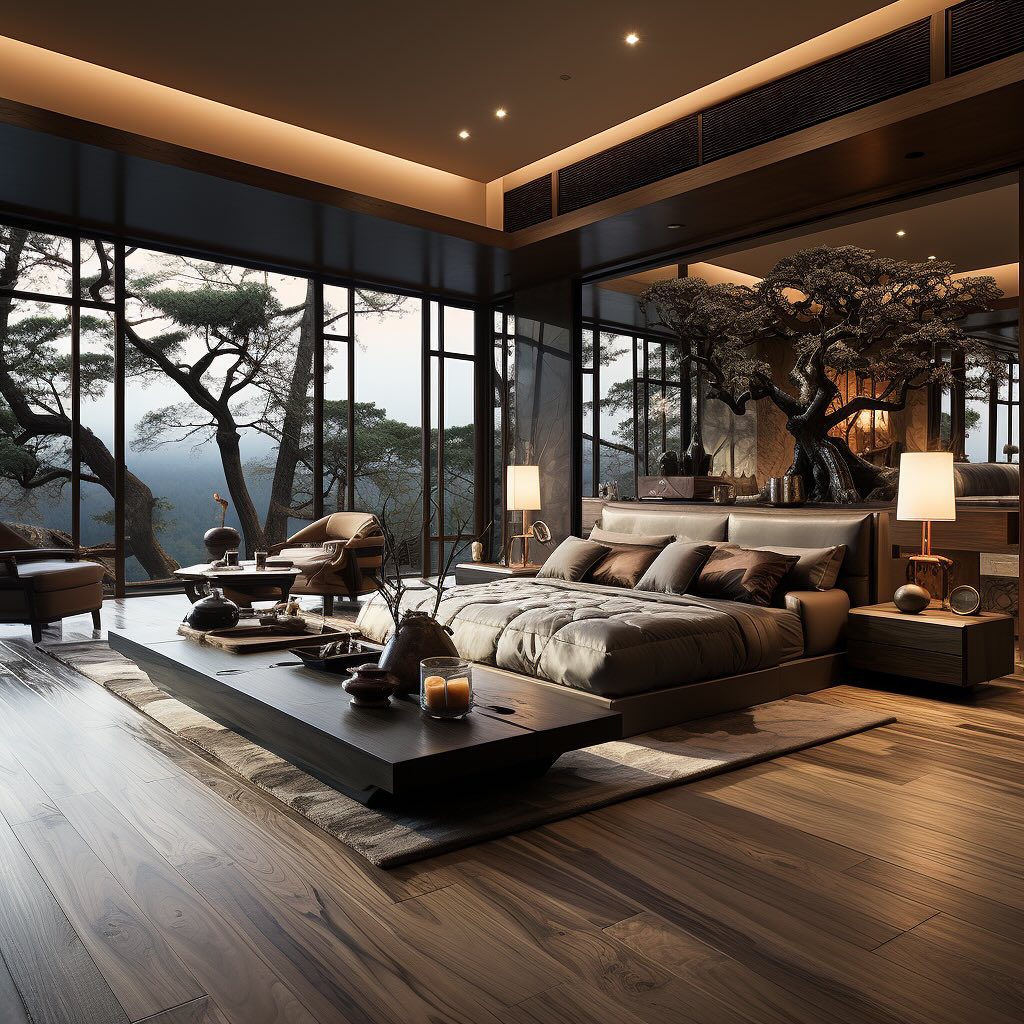 A serene bedroom with expansive views and a nature-inspired theme