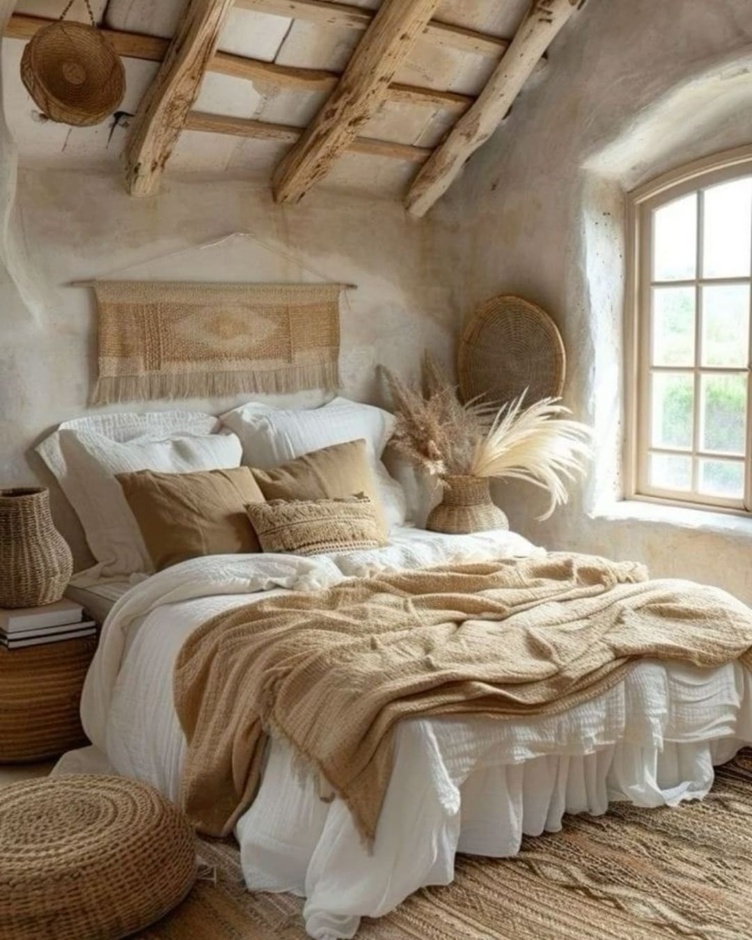 A serene bedroom featuring exposed wooden beams and a neutral color palette