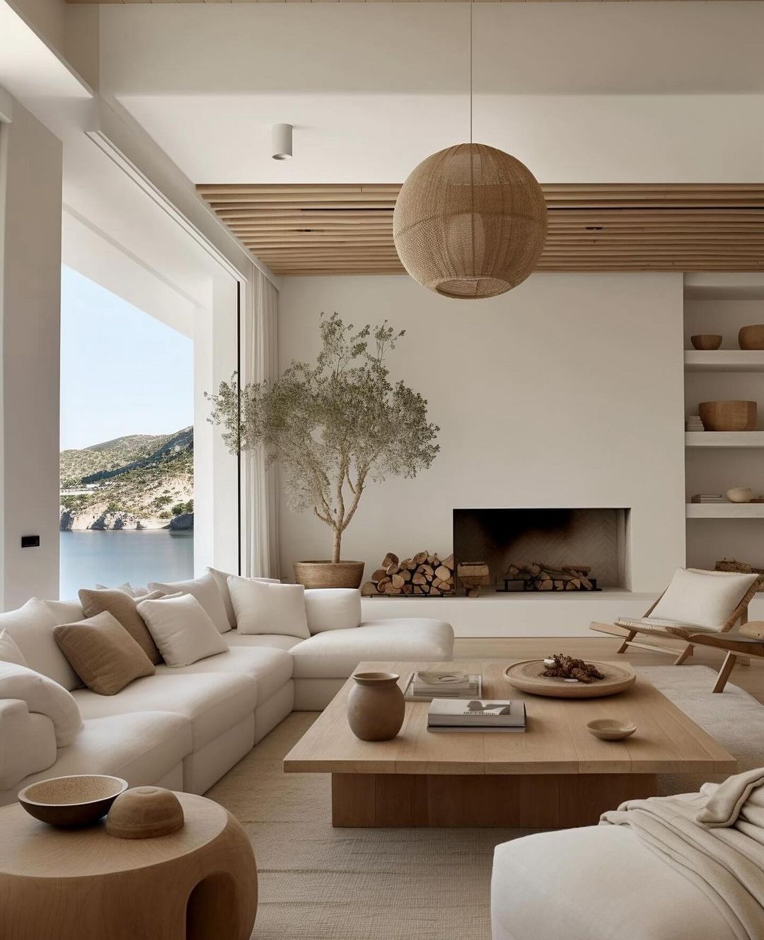 A serene coastal living room design with panoramic sea views