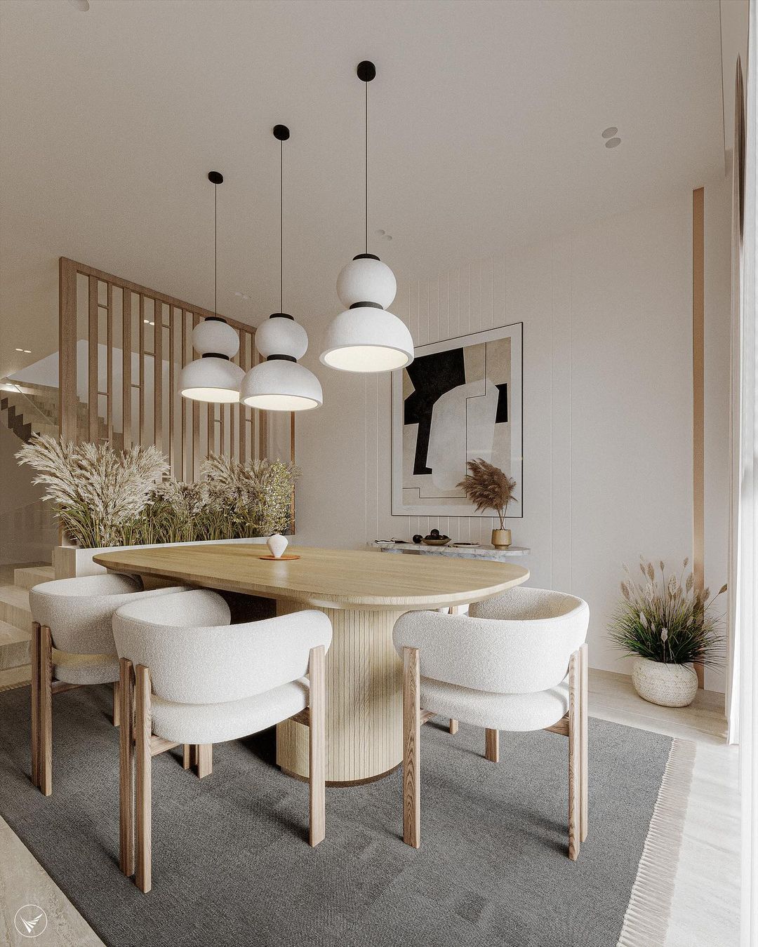 A serene dining space boasting natural wood tones and contrasting textures