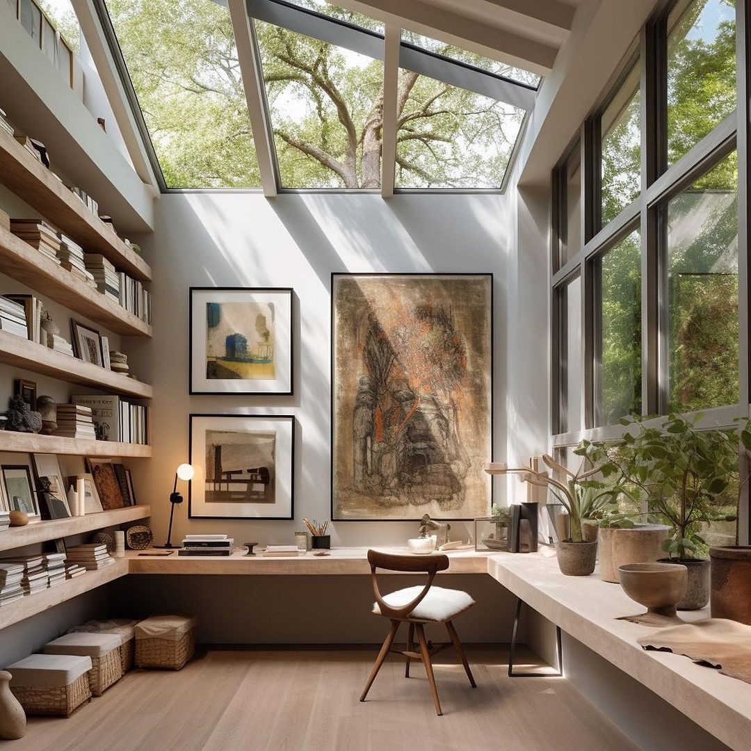 A serene home office space with large windows looking out to lush trees.