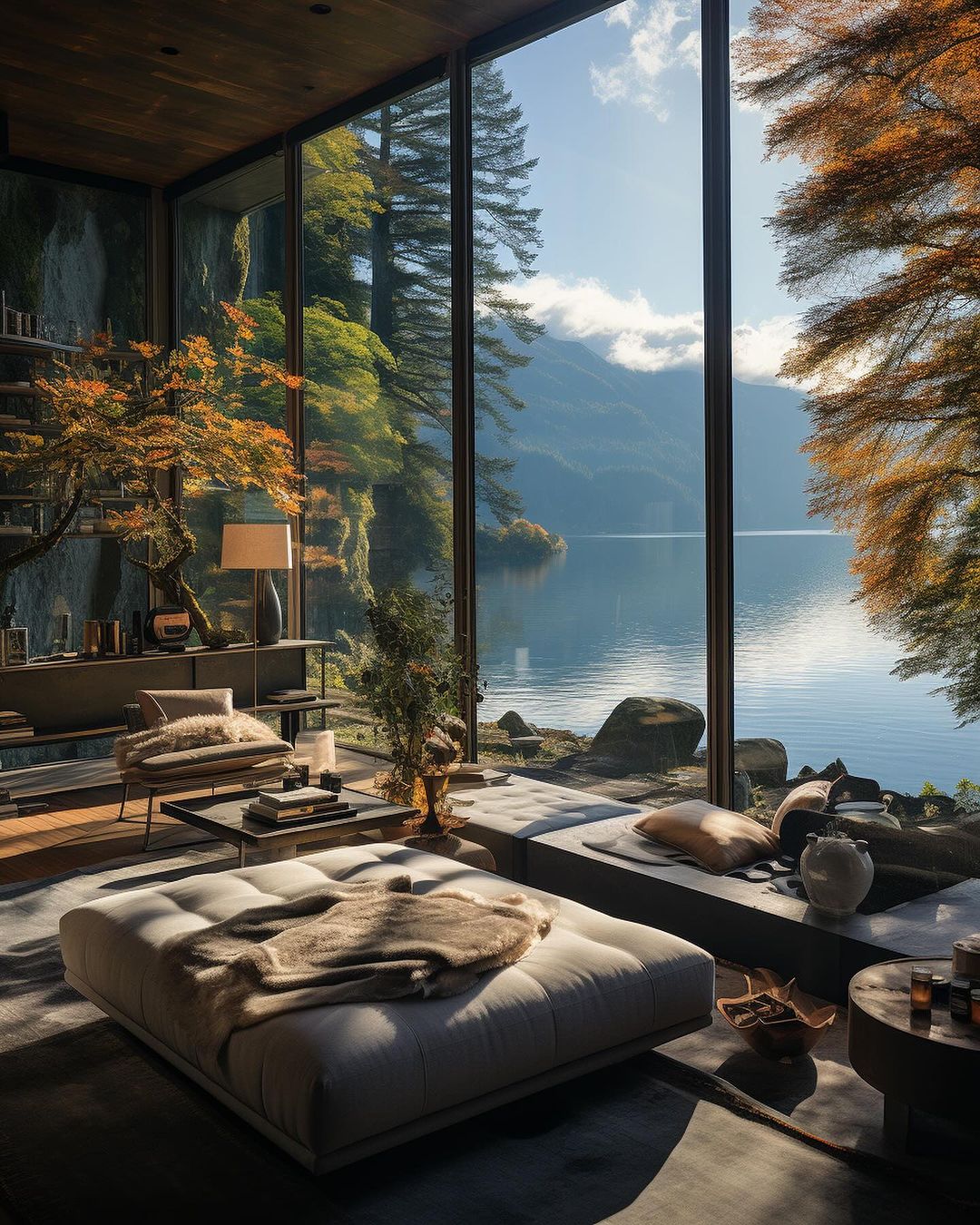 A serene lakeside escape with floor-to-ceiling windows offering an unobstructed view of the tranquil waters and majestic trees.