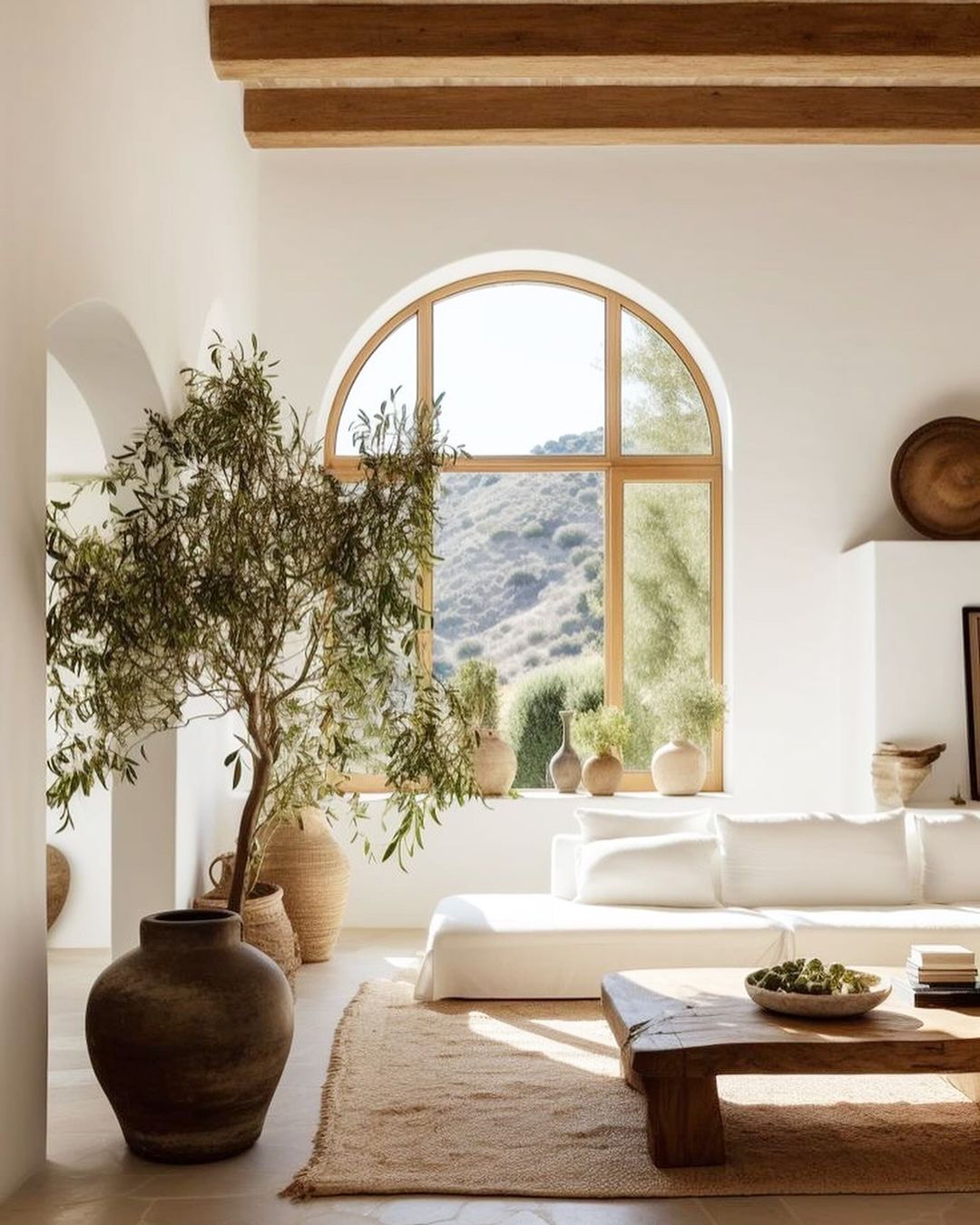 A serene living room with arched window views of rolling hills