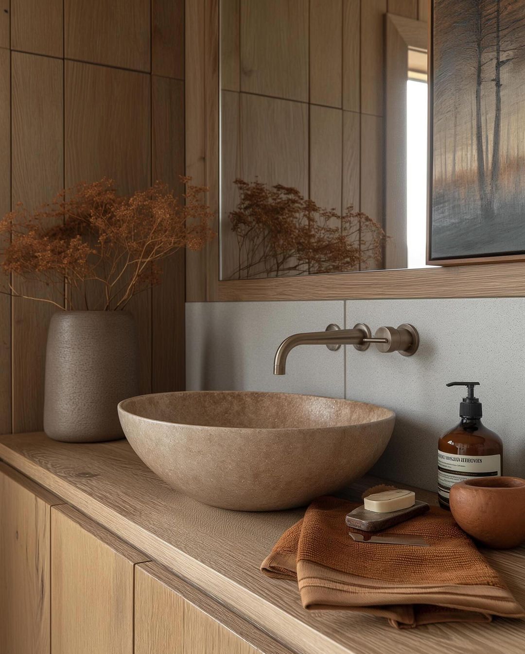 A serene bathroom setting with natural wood cabinetry and a stone basin