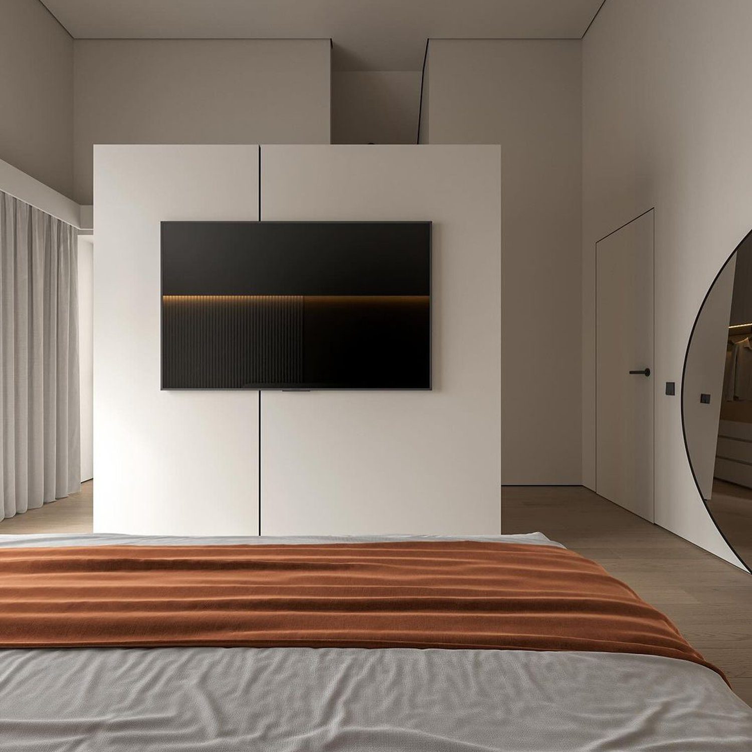 Modern minimalist bedroom with well-integrated technology